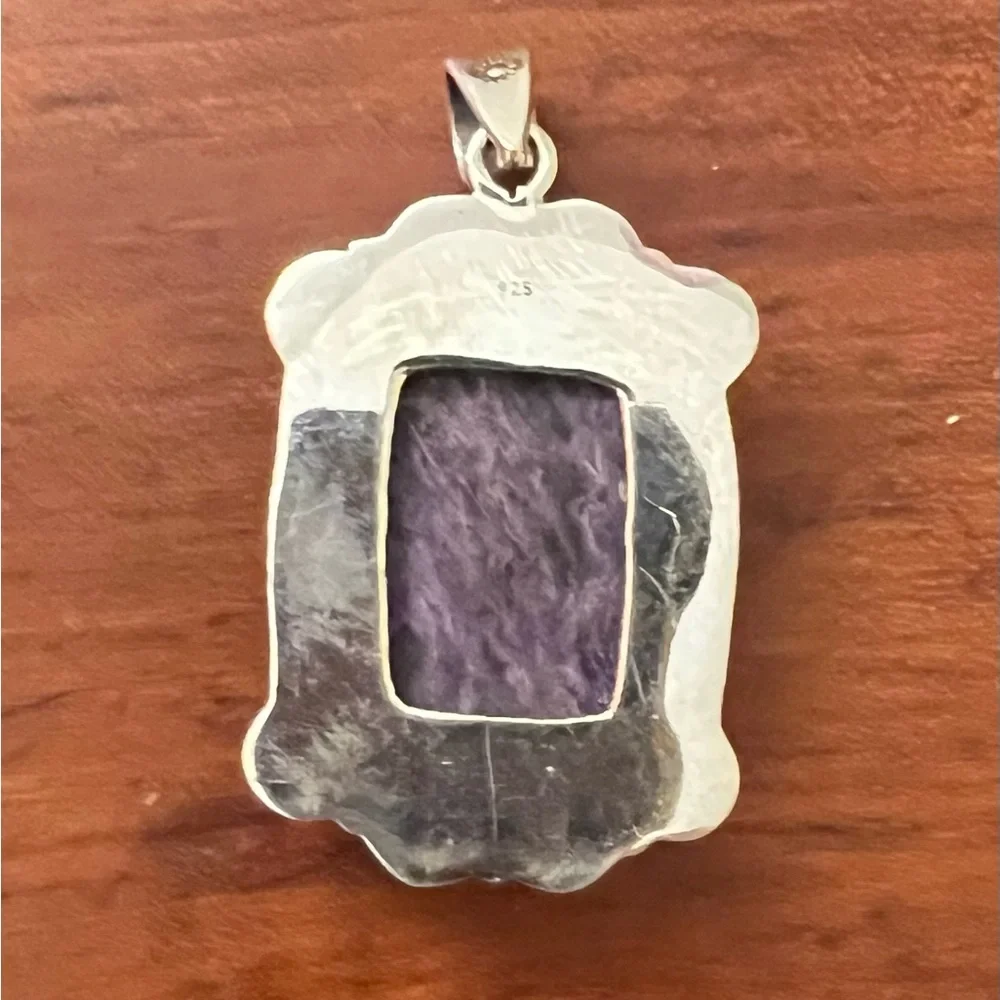 Natural Charoite 925 Silver Pendant – Silk Patterned Stone Purple Gemstone #557
